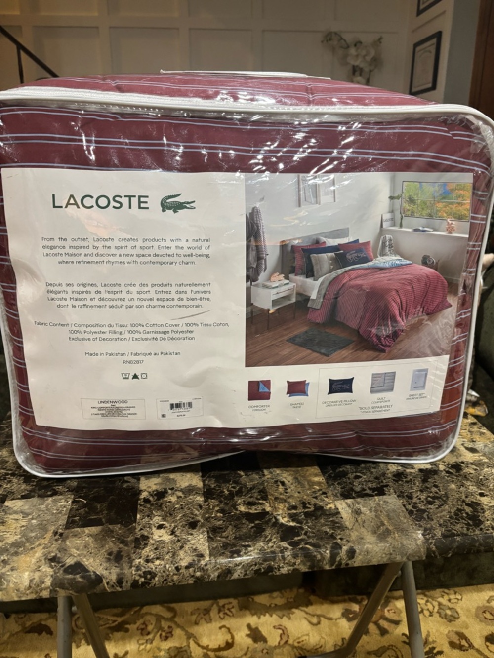 NEW LACOSTE LINDENWOOD RED  REVERSIBLE COTTON KING COMFORTER 102 X 96 INCHES